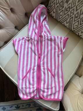 Kids Pink & White Striped Hooded Swim Coverup